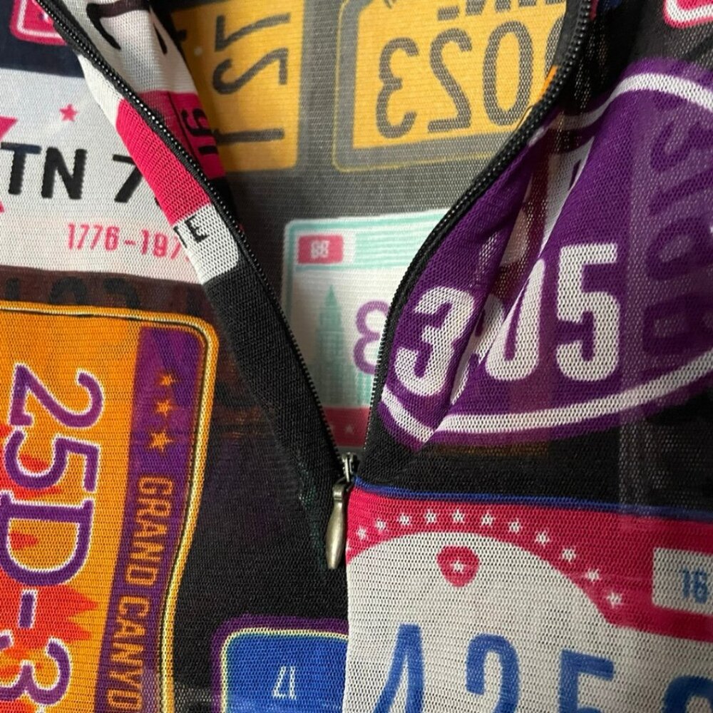 DAY G Retro Y2K License Plate Print Sheer Zipper Bodysuit Leotard - Rare Pop Art - Picture 4 of 12